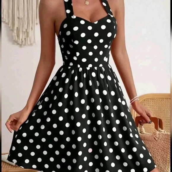 Polka Dot Print Tie Backless Halter Dress - Picture 3 of 5